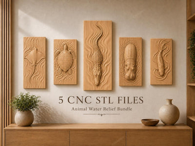 Fichier CNC pack 5 animaux – bas-reliefs crocodile tortue raie hippopotame carpe koï pour sculpture bois, modèles 3D STL