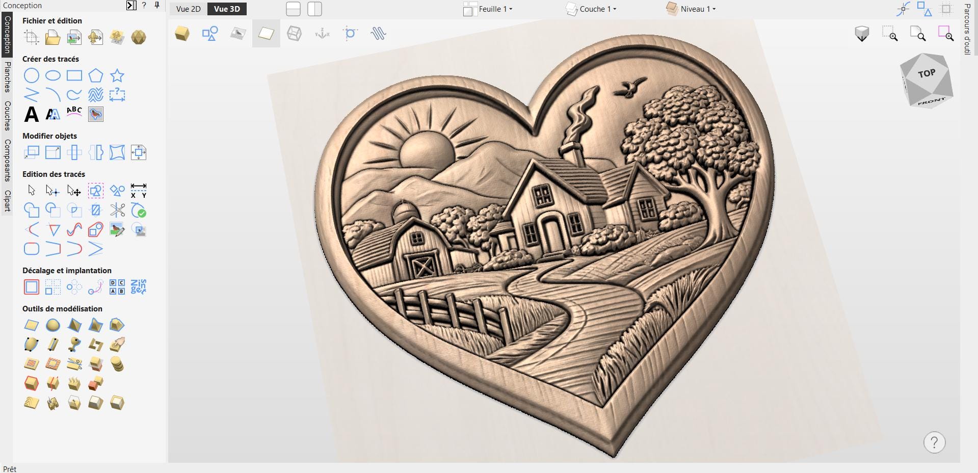 Fichier CNC cœur farmhouse romantique, bas-relief bois country, décoration murale rustique, modèle gravure 3D STL