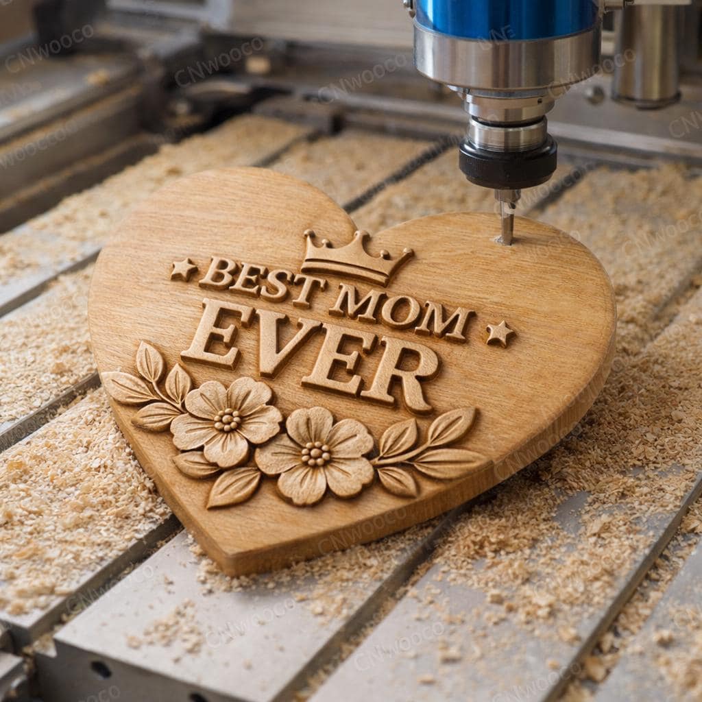 Fichier CNC & impression 3D panneau Best Mom Ever cœur floral – bas-relief bois pour cadeau fête des mères, décoration murale STL