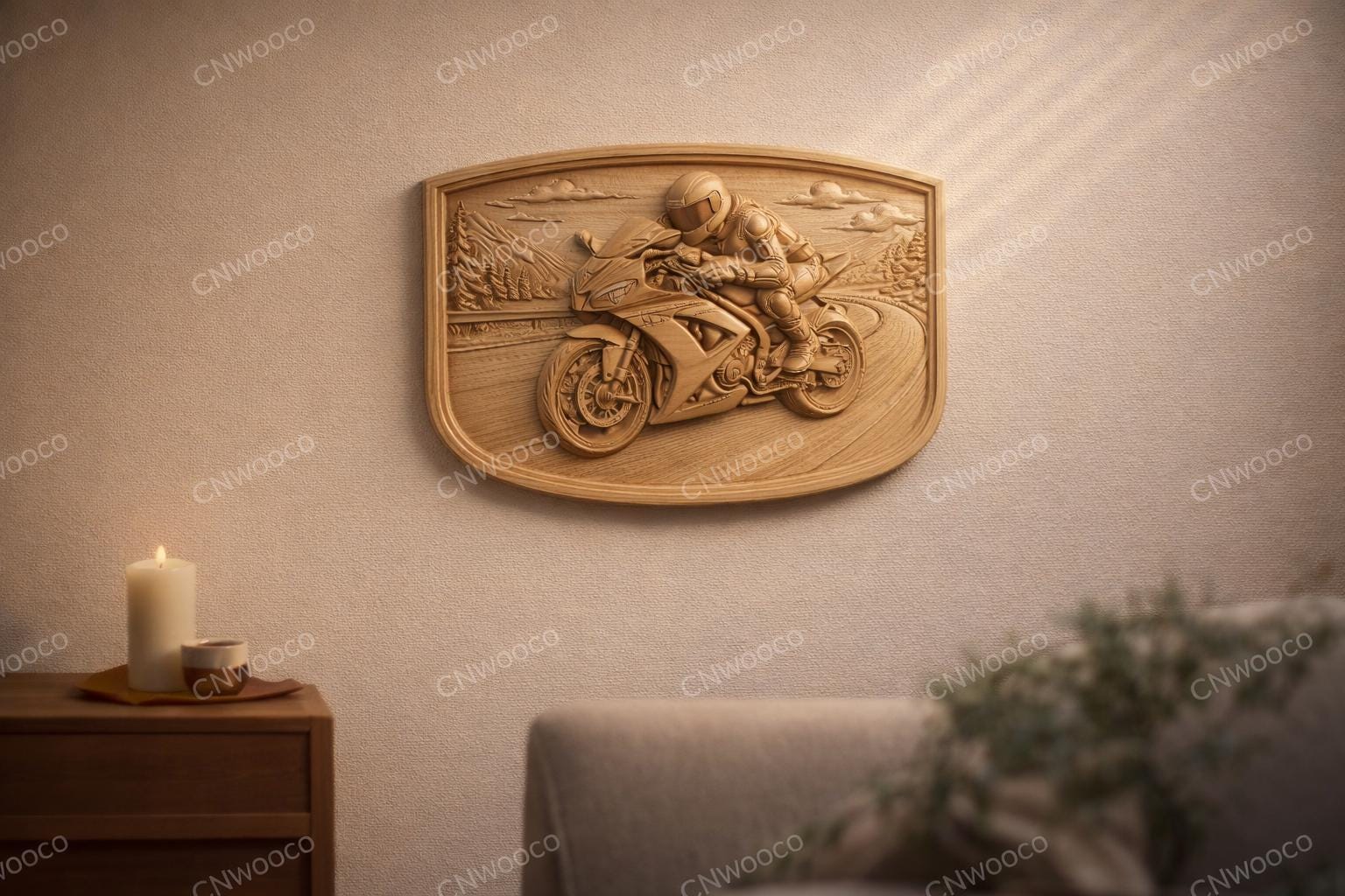 CNC Datei Sportbike-Biker, Holz-Flachrelief Biker, Garagen-Wanddekoration, Holzskulptur, 3D STL Gravurmodell