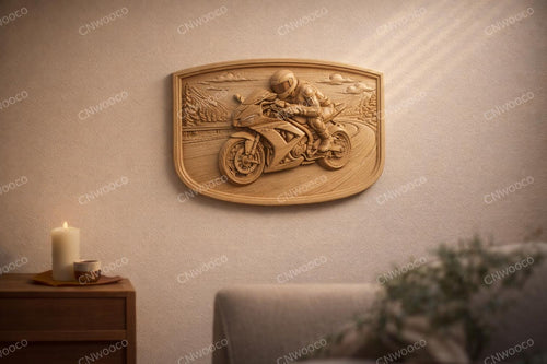 Fichier CNC motard sport bike, bas-relief bois biker, décoration murale garage, sculpture bois, modèle gravure 3D STL