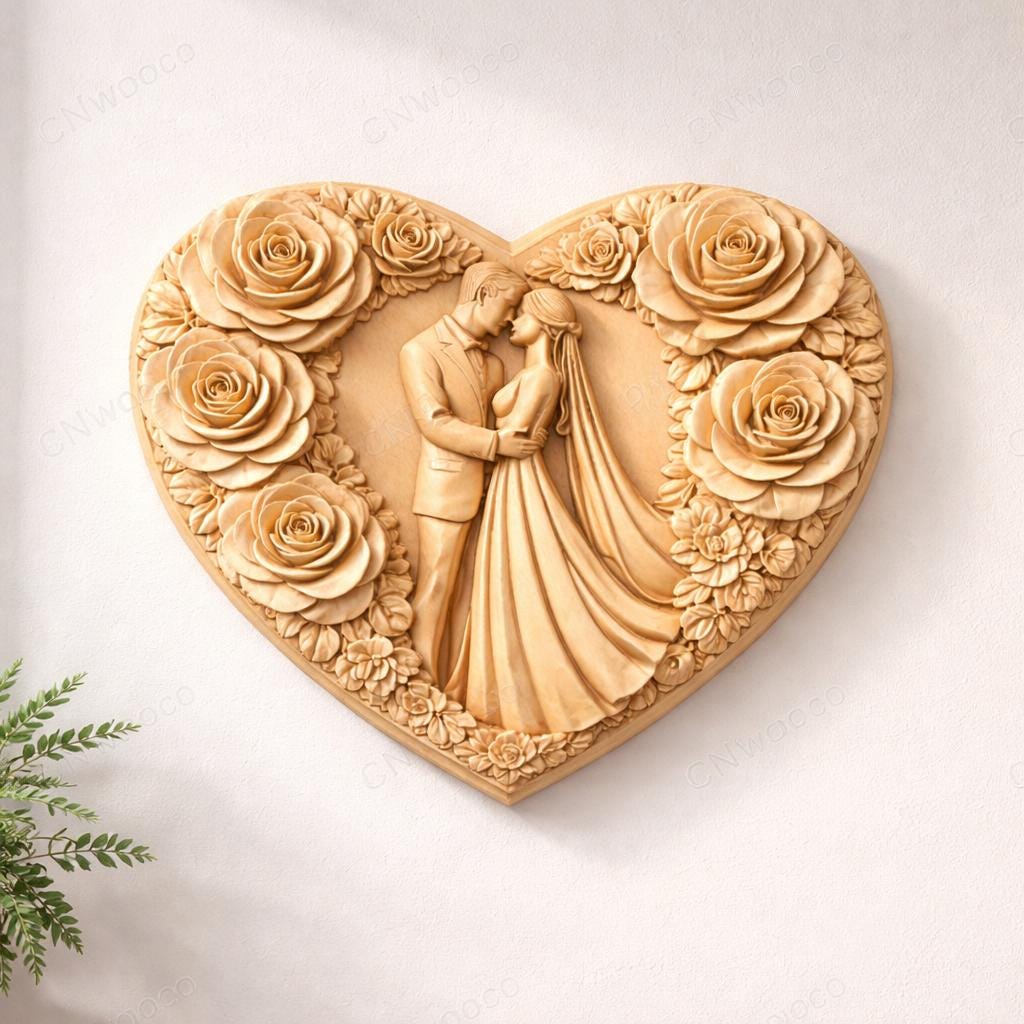 CNC-Datei & 3D-Druck Hochzeitsherz – Flachrelief romantisches Paar für Holzskulptur, Wanddekoration und Geburtstagsgeschenk STL