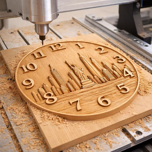 Fichier CNC horloge skyline New York – bas-relief Statue de la Liberté pour sculpture bois, décoration murale STL
