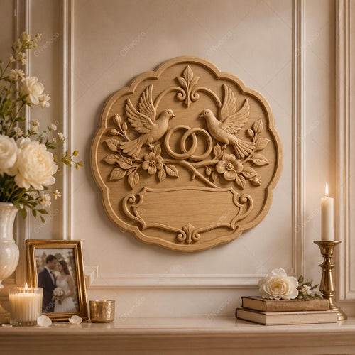 CNC & impression 3D plaque mariage colombes et alliances à personnaliser, fichier STL très haute qualité