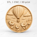 CNC & impression 3D relief montgolfière au-dessus d’un paysage fleuri, fichier STL très haute qualité