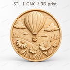 CNC & impression 3D relief montgolfière au-dessus d’un paysage fleuri, fichier STL très haute qualité