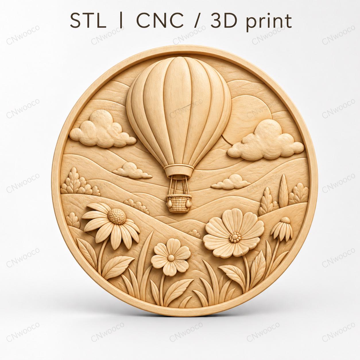 CNC & impression 3D relief montgolfière au-dessus d’un paysage fleuri, fichier STL très haute qualité