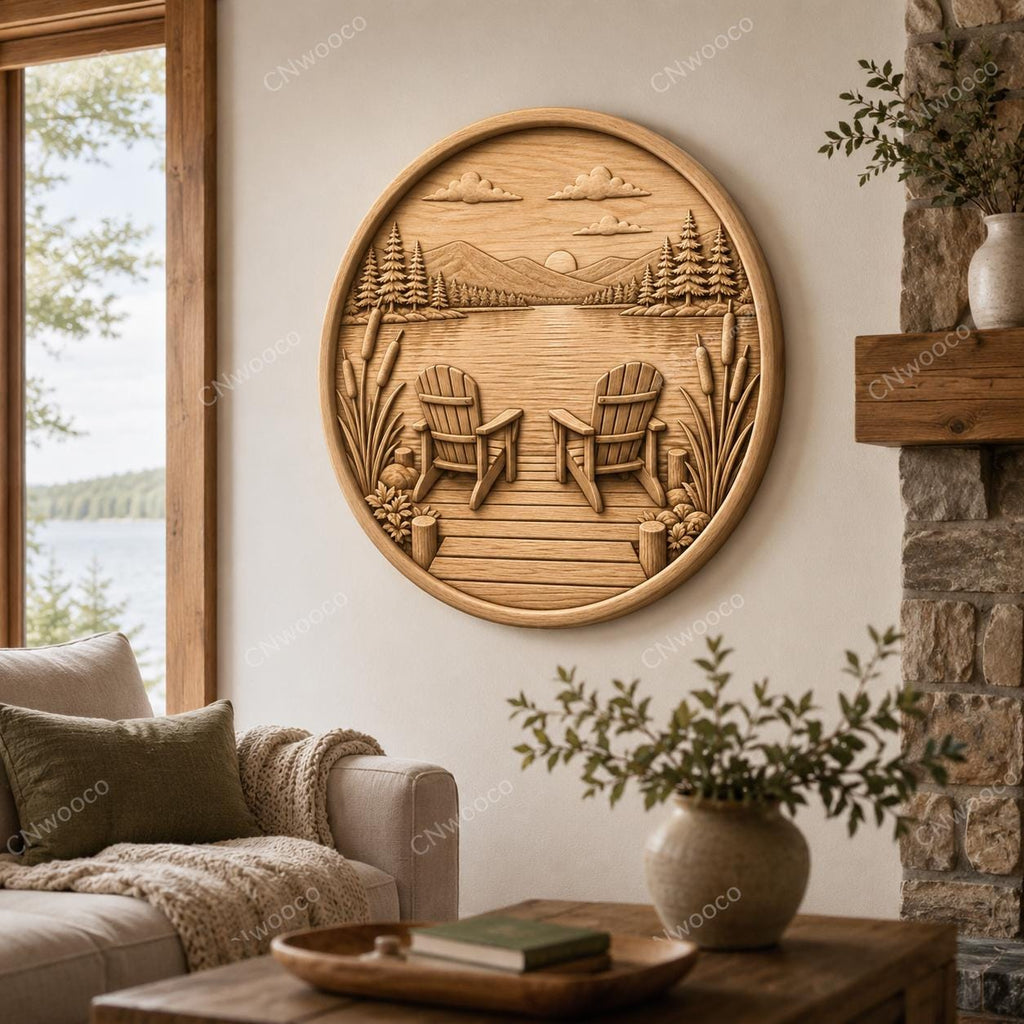 CNC & impression 3D relief lac avec chaises Adirondack, décoration chalet nature, fichier STL très haute qualité