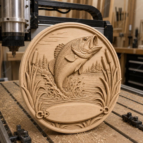 CNC & impression 3D relief poisson pêche et lac, fichier fishing pour gravure bois, STL de haute qualité, à personnaliser