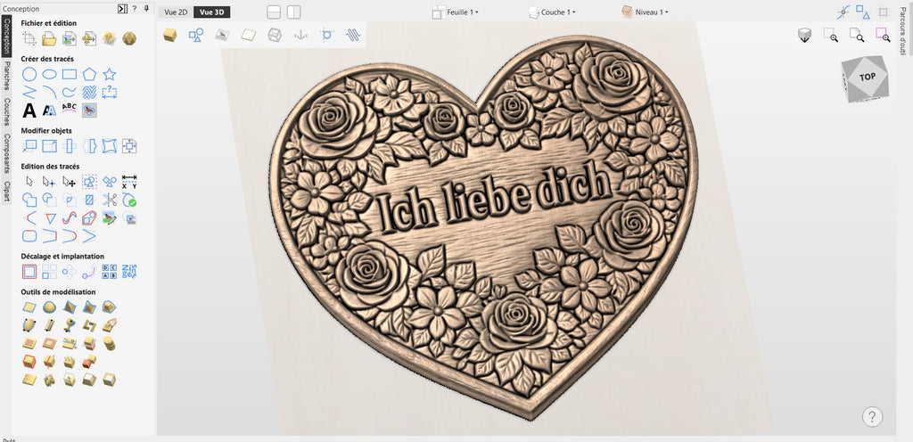 Fichier CNC cœur Ich liebe dich floral, bas-relief bois romantique, décoration murale amour, modèle gravure 3D STL