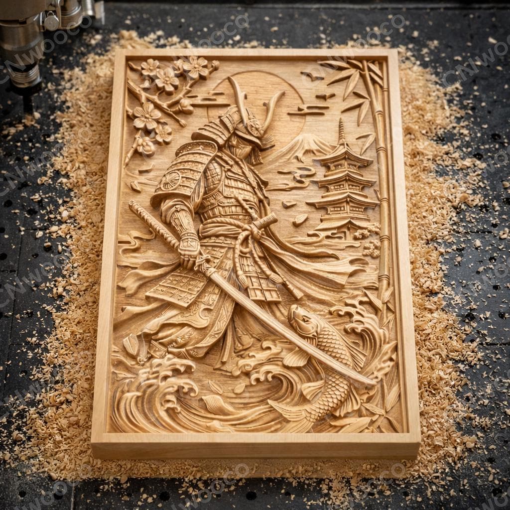 Fichier CNC & impression 3D samouraï japonais et carpe koï – bas-relief asiatique détaillé pour sculpture bois, décoration murale STL