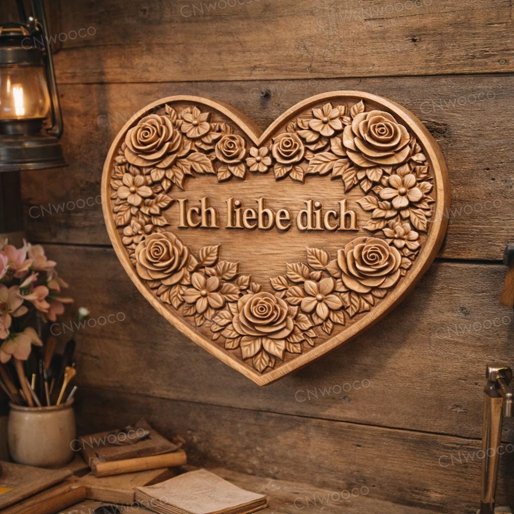 Fichier CNC cœur Ich liebe dich floral, bas-relief bois romantique, décoration murale amour, modèle gravure 3D STL