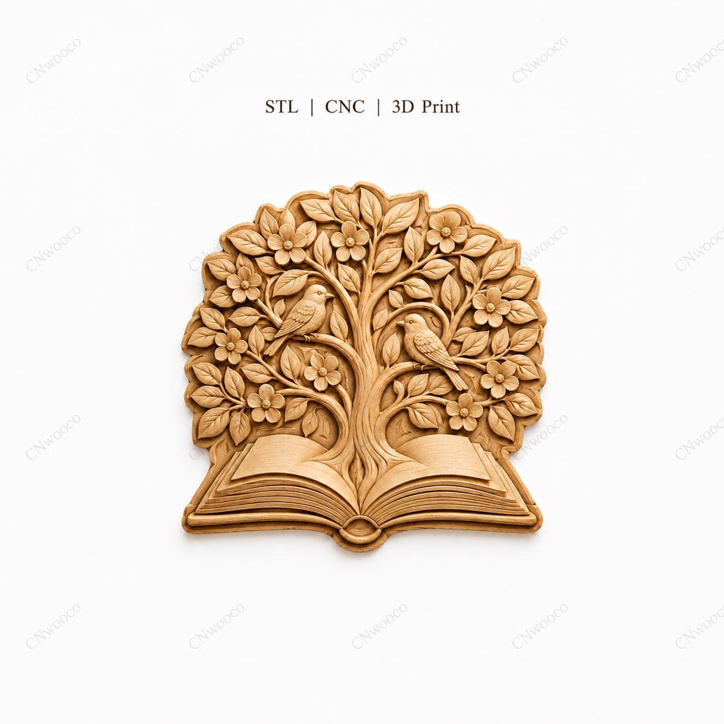 CNC & impression 3D arbre sortant d’un livre ouvert, fichier STL très haute qualité