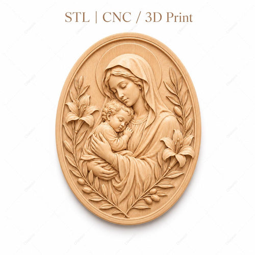 CNC & impression 3D relief Vierge Marie avec enfant Jésus, décoration catholique, fichier STL très haute qualité