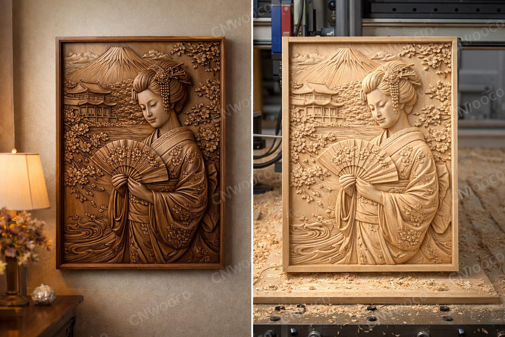 CNC-Datei japanische Geisha Berg Fuji – asiatisches Basrelief für Holzskulptur, Wanddekoration STL