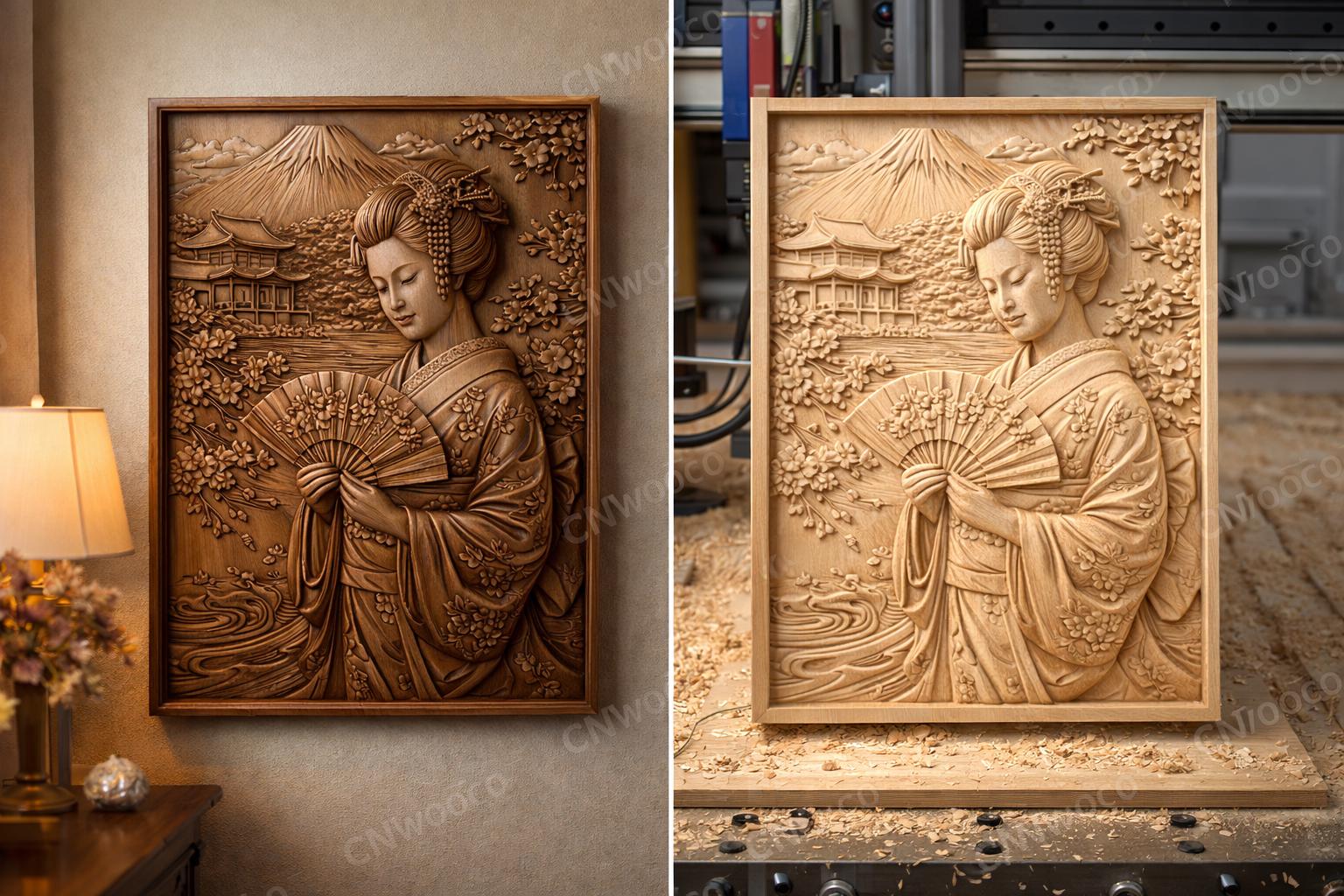 CNC-Datei japanische Geisha Berg Fuji – asiatisches Basrelief für Holzskulptur, Wanddekoration STL