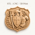 CNC & impression 3D relief armure de chevalier croisé avec épée et bouclier, fichier STL très haute qualité