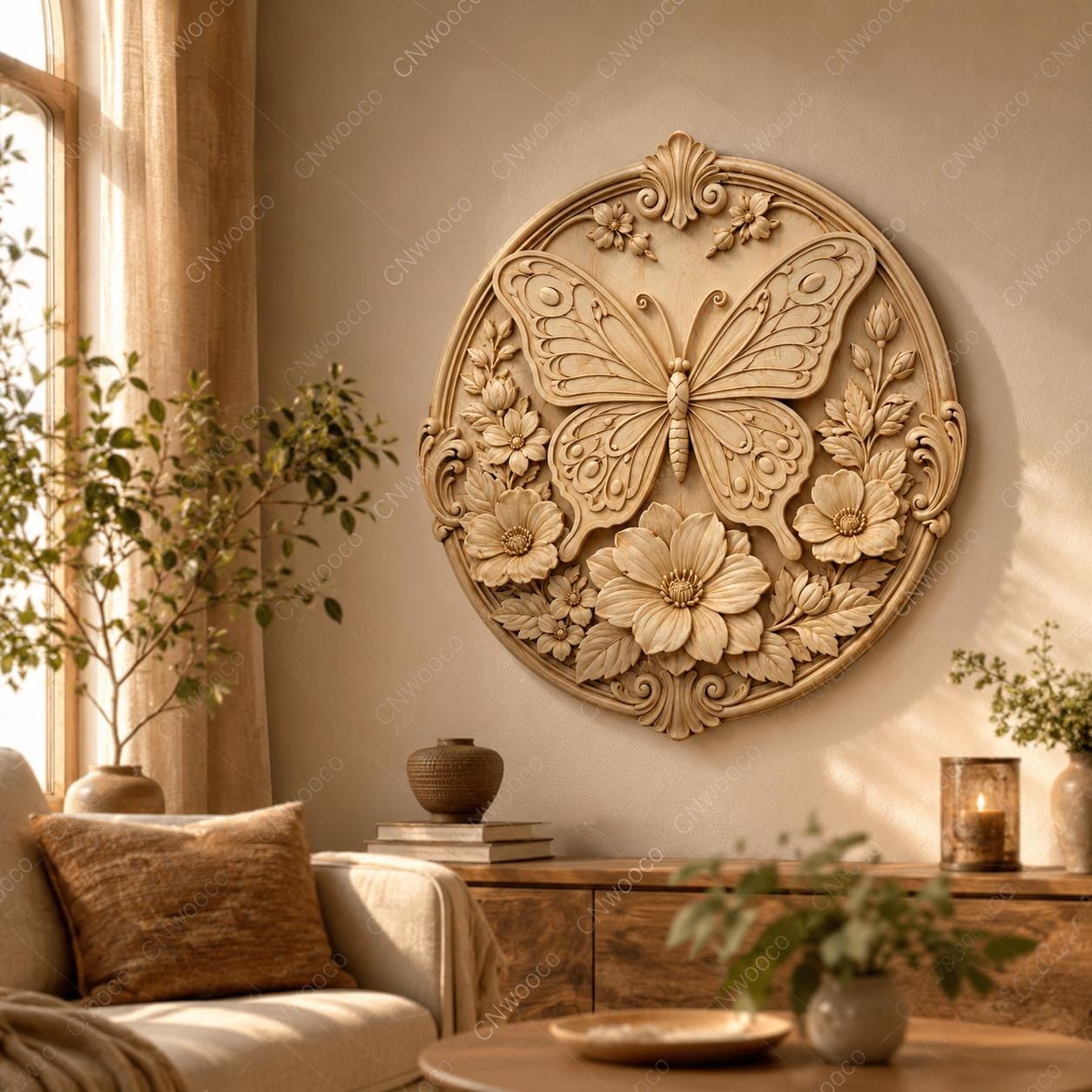 CNC & 3D-Druck Schmetterlingsrelief mit Blumen, florale Dekoration für Holzgravur, hochwertiges STL