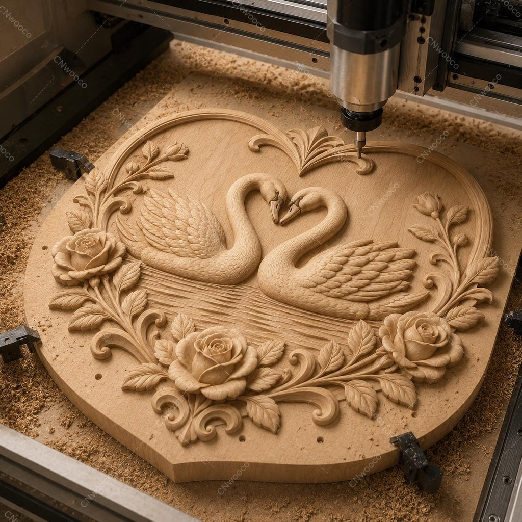 CNC & impression 3D cygnes amoureux dans cœur avec roses, fichier STL très haute qualité
