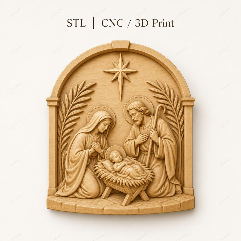 CNC & impression 3D relief Nativité avec Marie, Joseph et Jésus, fichier STL très haute qualité