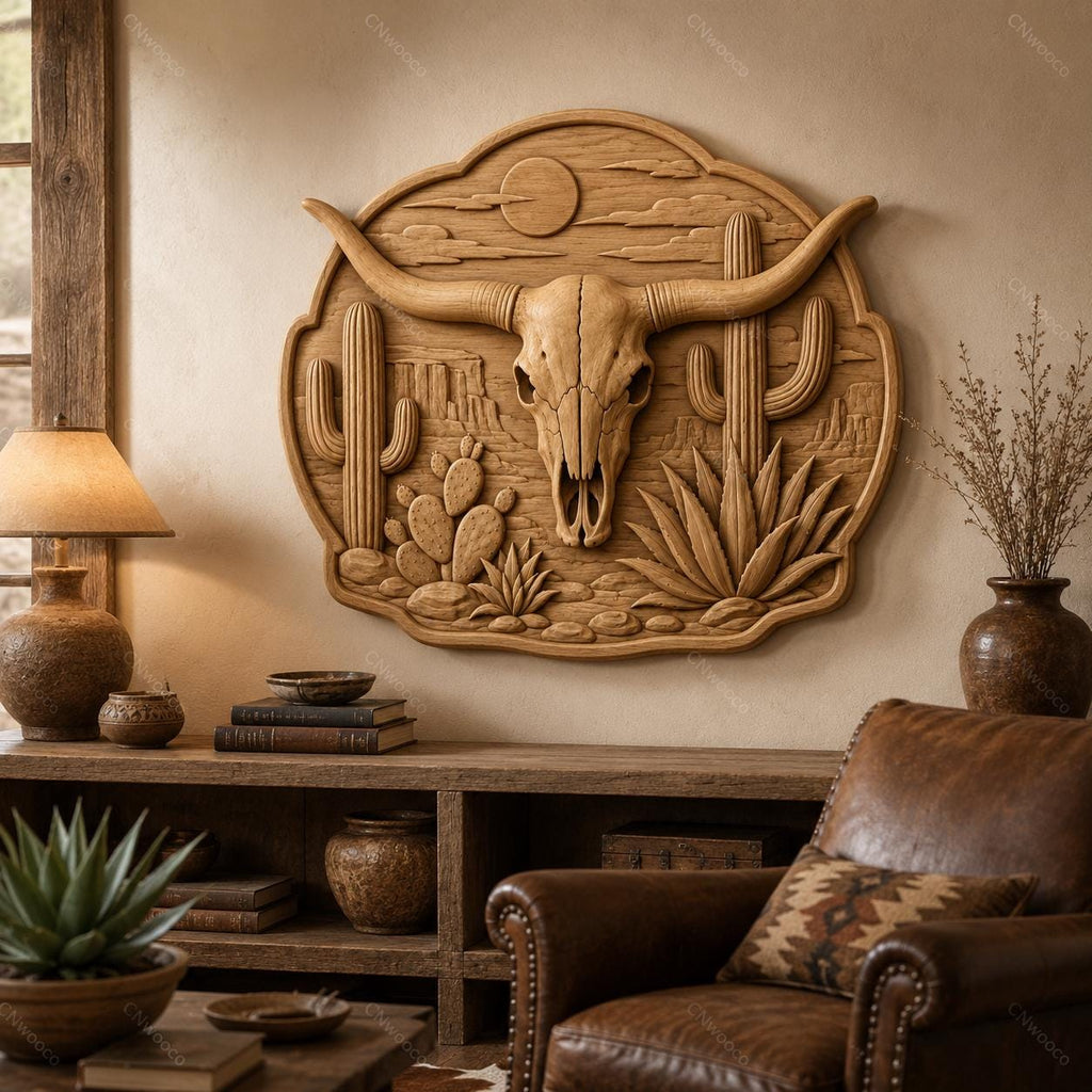 CNC & impression 3D crâne longhorn avec cactus et désert western, fichier STL très haute qualité
