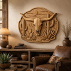 CNC & impression 3D crâne longhorn avec cactus et désert western, fichier STL très haute qualité