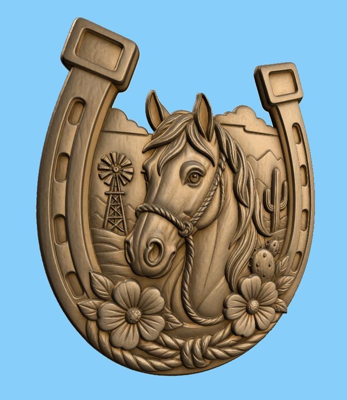 CNC & impression 3D cheval avec fer à cheval STL, relief western ranch pour sculpture bois