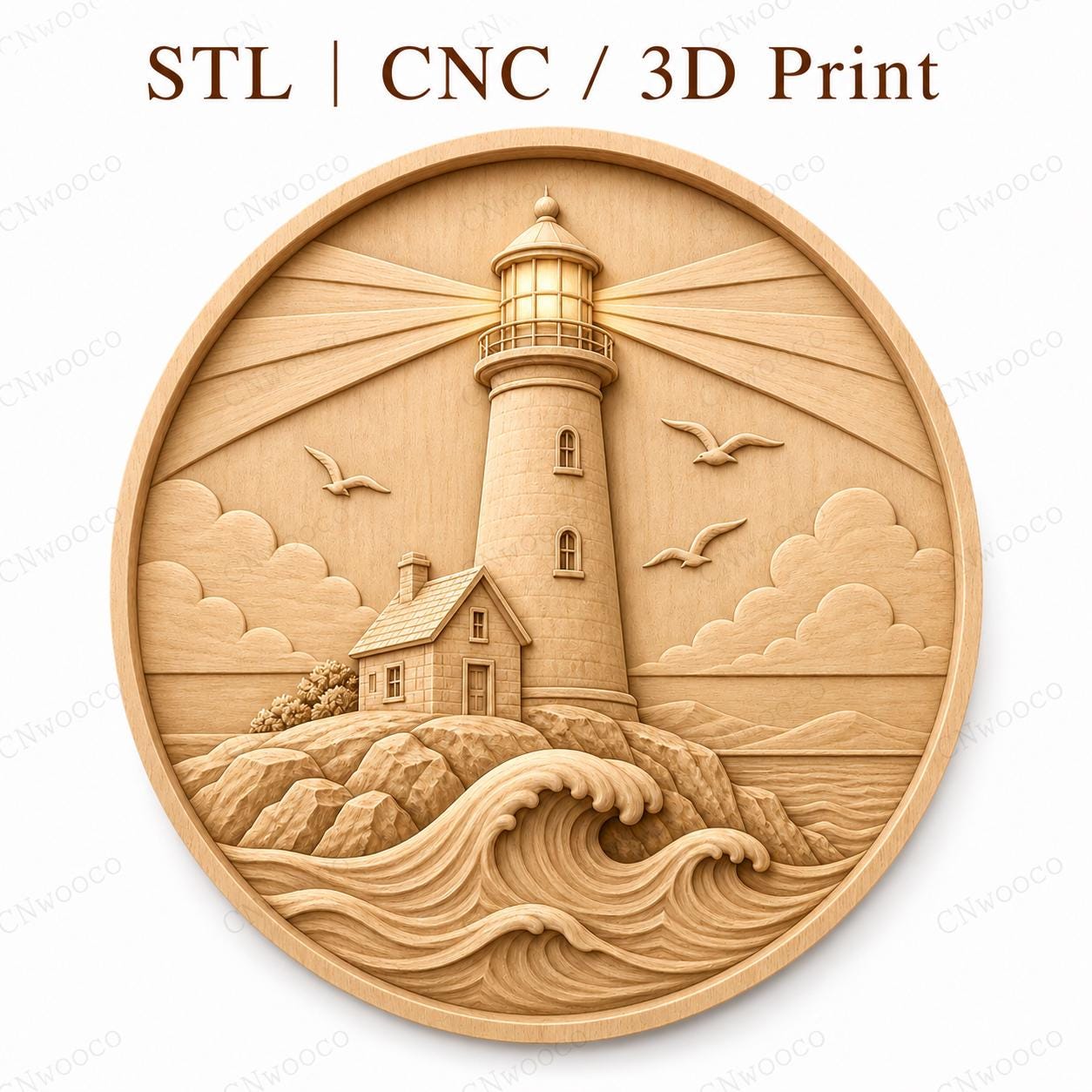 CNC & 3D-Druck Leuchtturm-Relief am Meer mit Wellen, nautische Dekoration, STL-Datei sehr hohe Qualität
