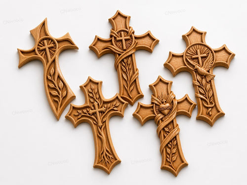 Fichier CNC & impression 3D pack 20 croix religieuses – bas-reliefs chrétiens pour sculpture bois, décoration murale STL