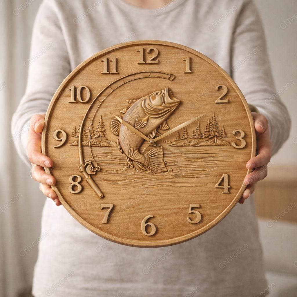 Fichier CNC horloge pêche bass – bas-relief poisson pour sculpture bois, décoration murale pêcheur STL