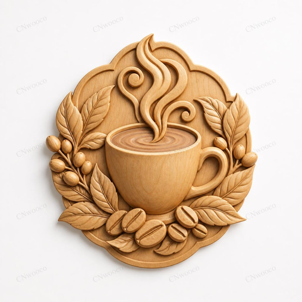 CNC & 3D-Reliefdruck Kaffeetasse mit Bohnen und Blättern, sehr hochwertige STL-Datei