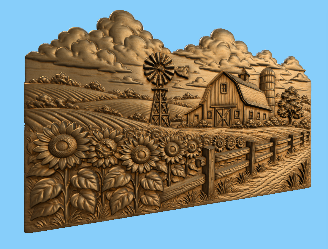 CNC & impression 3D scène de ferme avec tournesols, grange et moulin, relief bois mural fichier STL très haute qualité