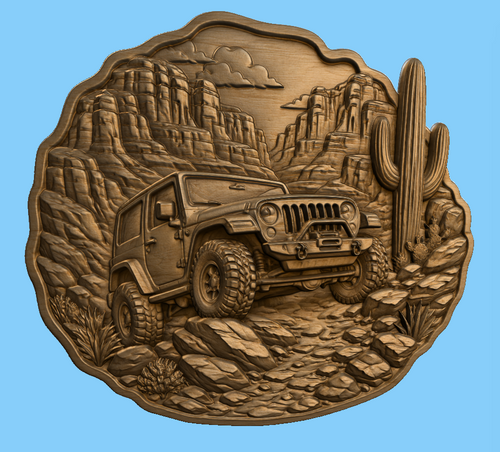 CNC & impression 3D relief 4x4 tout-terrain désert western, cactus canyon, fichier bois sculpté STL très haute qualité