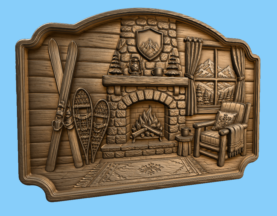 CNC & impression 3D chalet d’hiver avec cheminée, skis, raquettes et décor montagne, fichier STL très haute qualité