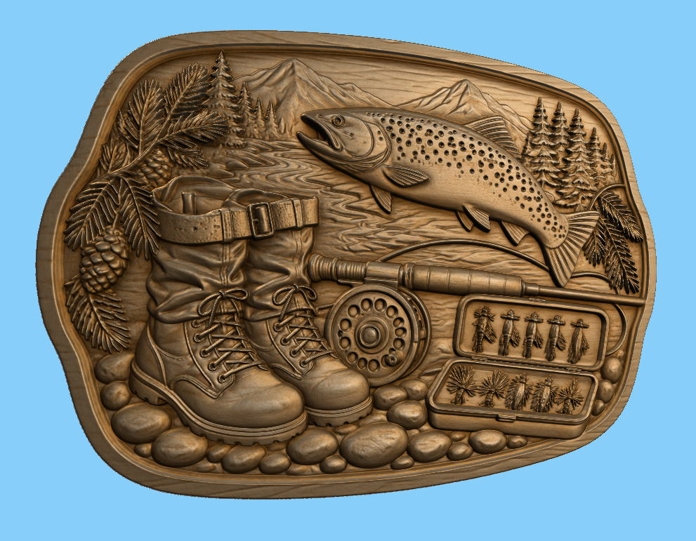 CNC & impression 3D relief pêche à la truite, fly fishing, décor pêcheur, fichier STL très haute qualité