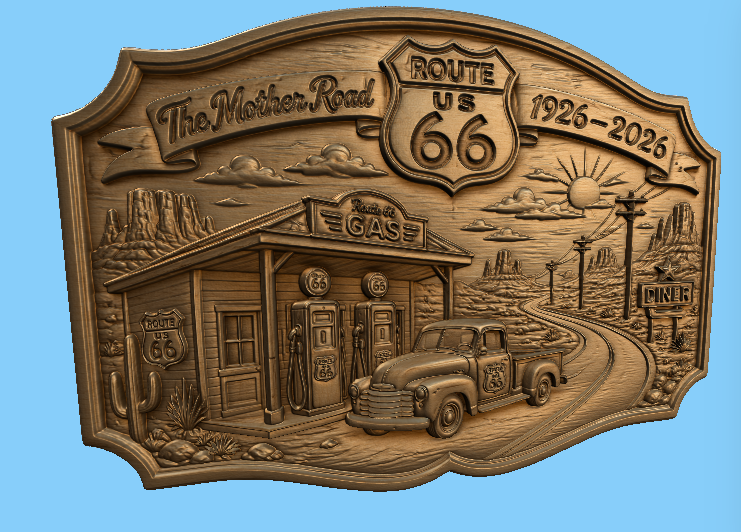 CNC & impression 3D relief Route 66 1926-2026, station-service vintage, pickup, diner, sculpture bois fichier STL haute qualité