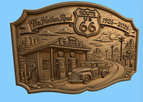 CNC & impression 3D relief Route 66 1926-2026, station-service vintage, pickup, diner, sculpture bois fichier STL haute qualité