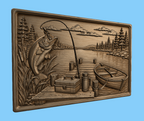 CNC & impression 3D scène de pêche au lac, poisson, barque et ponton, relief bois décor chalet, fichier STL très haute qualité