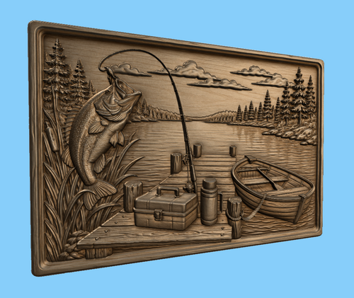 CNC & impression 3D scène de pêche au lac, poisson, barque et ponton, relief bois décor chalet, fichier STL très haute qualité