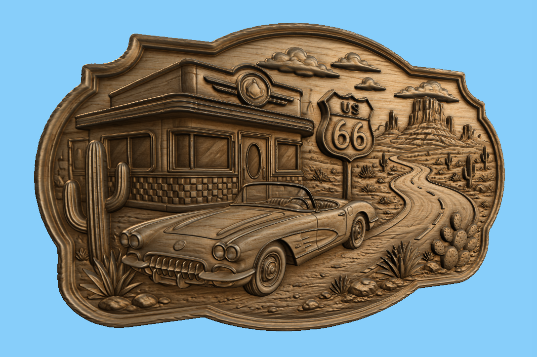 CNC & impression 3D relief Route 66 western, diner rétro, voiture classique et désert américain, fichier STL très haute qualité