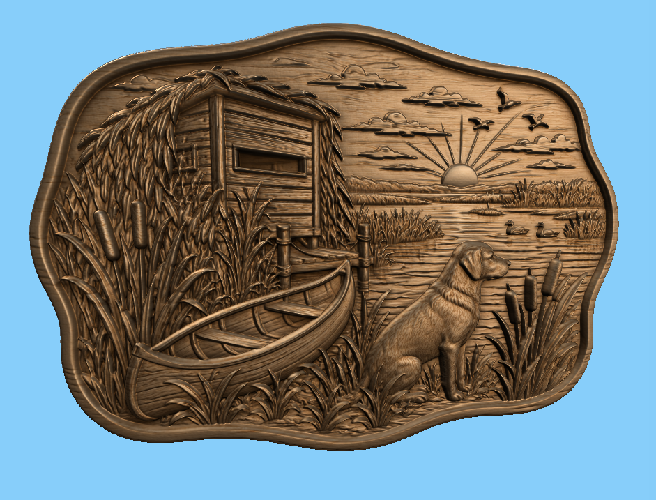 CNC & impression 3D relief chien de chasse au marais, canards, cabane et canoë, fichier STL très haute qualité