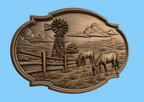 CNC & impression 3D relief western avec chevaux, ranch, moulin à vent et paysage montagne, fichier STL très haute qualité