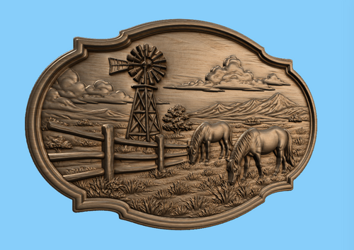 CNC & impression 3D relief western avec chevaux, ranch, moulin à vent et paysage montagne, fichier STL très haute qualité