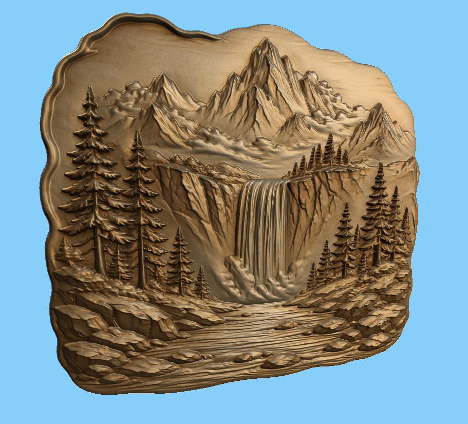CNC & impression 3D relief montagne cascade, fichier pour sculpture bois, paysage nature forêt STL très haute qualité