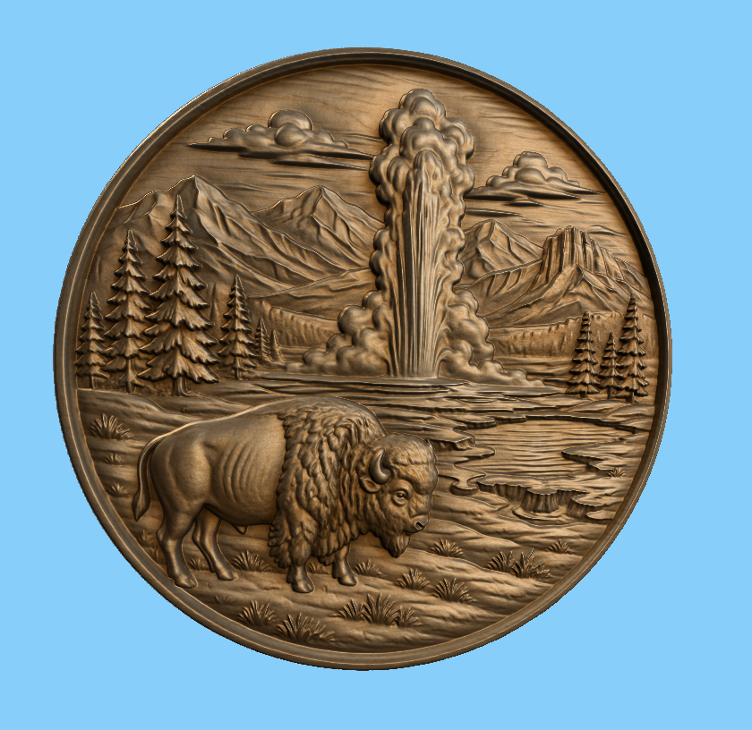 CNC & impression 3D relief bison Yellowstone geyser, décor western nature, fichier STL très haute qualité