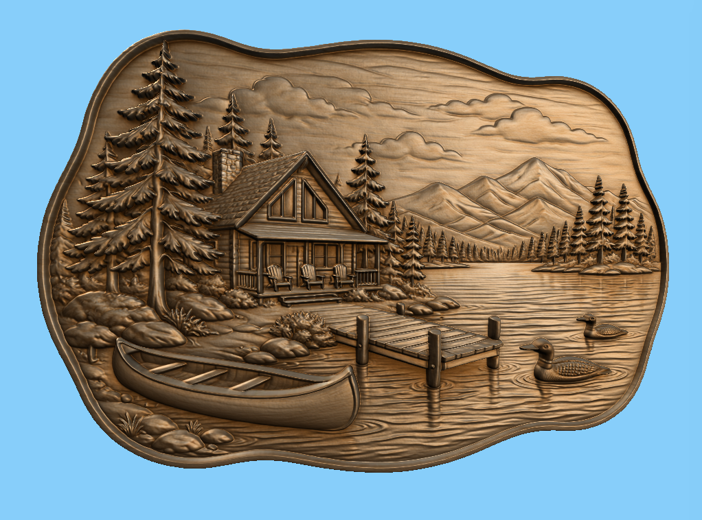 CNC & impression 3D chalet au bord du lac, relief bois nature cabine montagne canoë, fichier STL très haute qualité