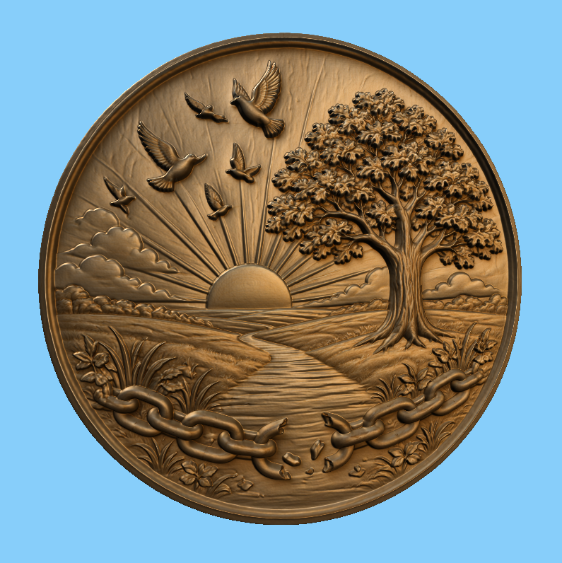 CNC & impression 3D relief liberté arbre et soleil, décor mural bois paysage oiseaux chaîne brisée, fichier STL
