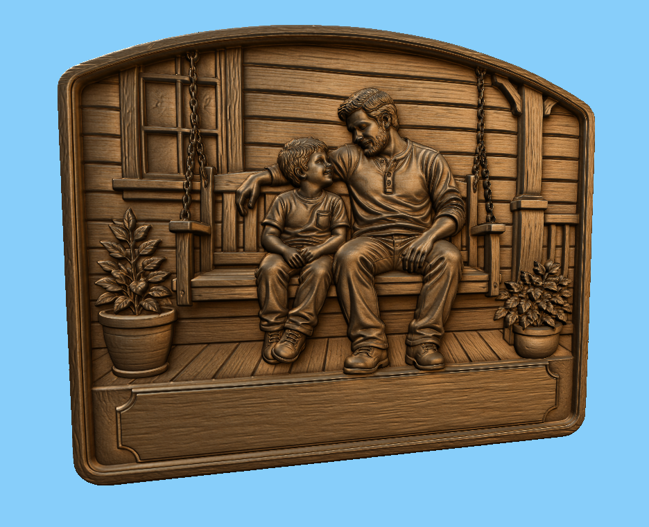 CNC & impression 3D scène père et fils sur balançoire, relief bois familial à personnaliser, fichier STL très haute qualité