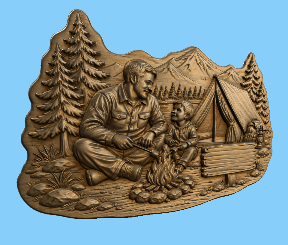 CNC & impression 3D scène camping père fils, relief bois famille nature, panneau à personnaliser, fichier STL