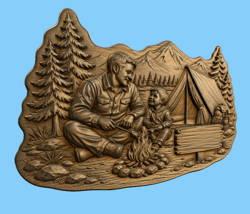 CNC & impression 3D scène camping père fils, relief bois famille nature, panneau à personnaliser, fichier STL